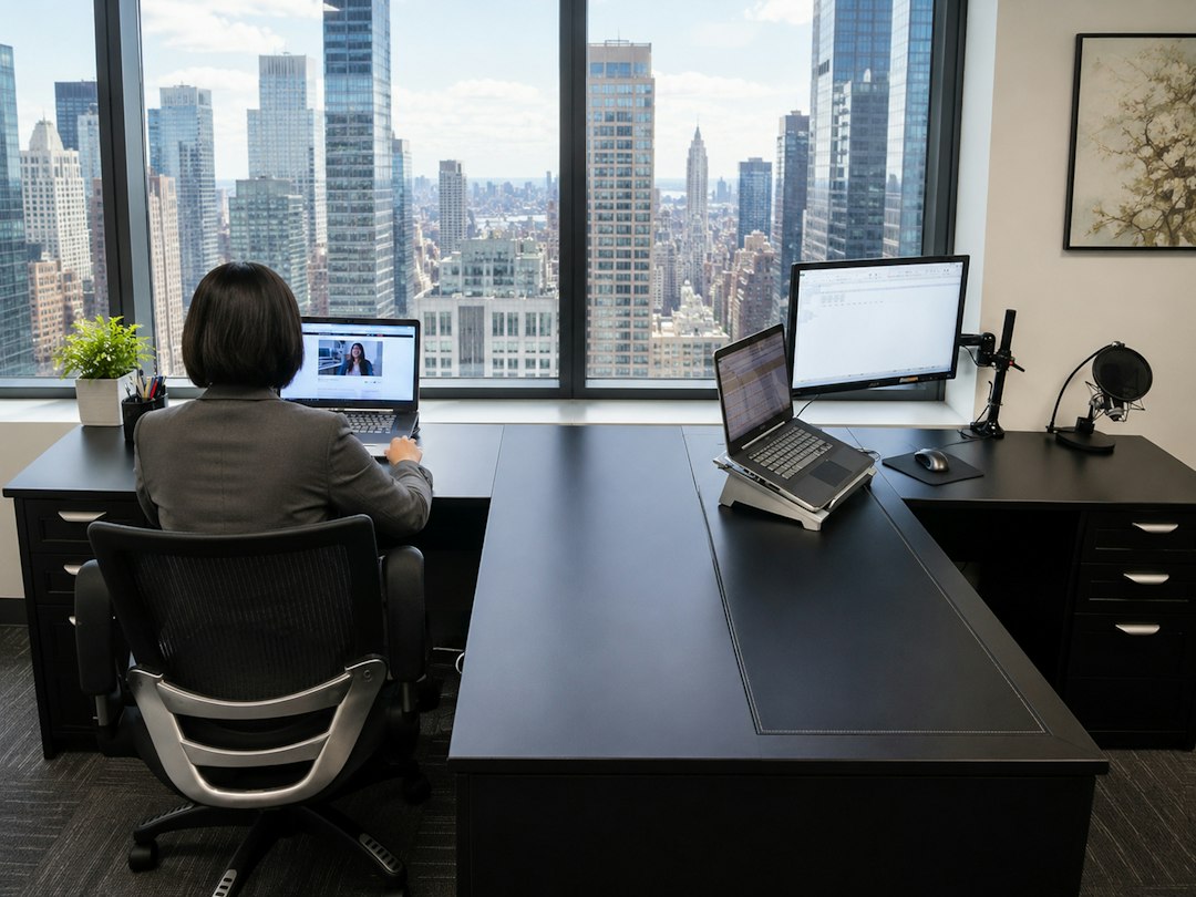 Executiva em ambiente corporativo analisando estratégia e negócios